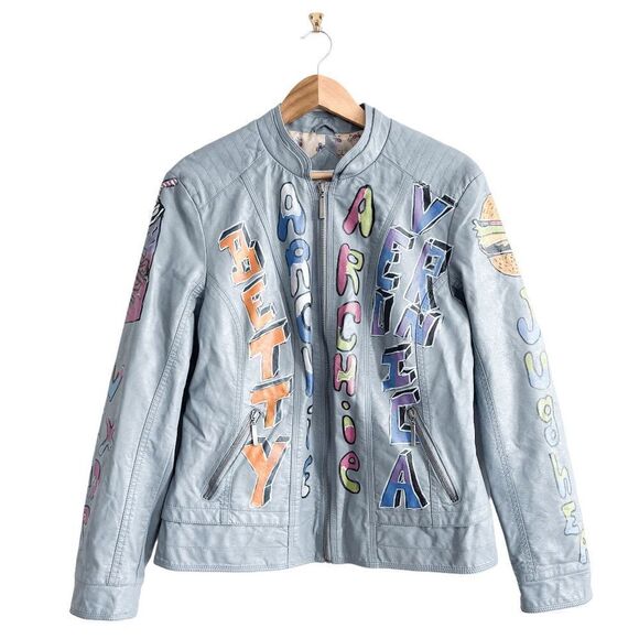 Cleo Womens Riverdale Faux Leather Jacket Full Zip All Over Print Gray Large - Picture 2 of 9